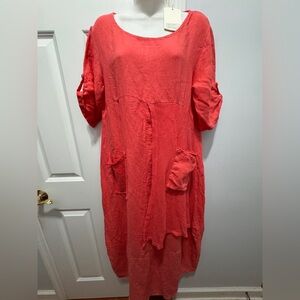 Elegant Coral red linen Maxi Dress size small made in Italy
